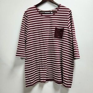 Denim & Company Womens Plus 3/4 Sleeve Tunic Top Size 3X Burgundy Striped Pocket